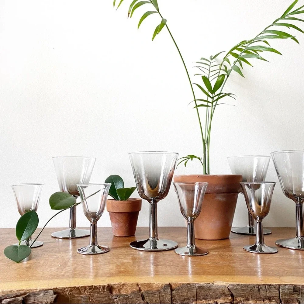 Mid Century Modern Stemware, Cocktail Glass Set Silver Ombre Lusterware
